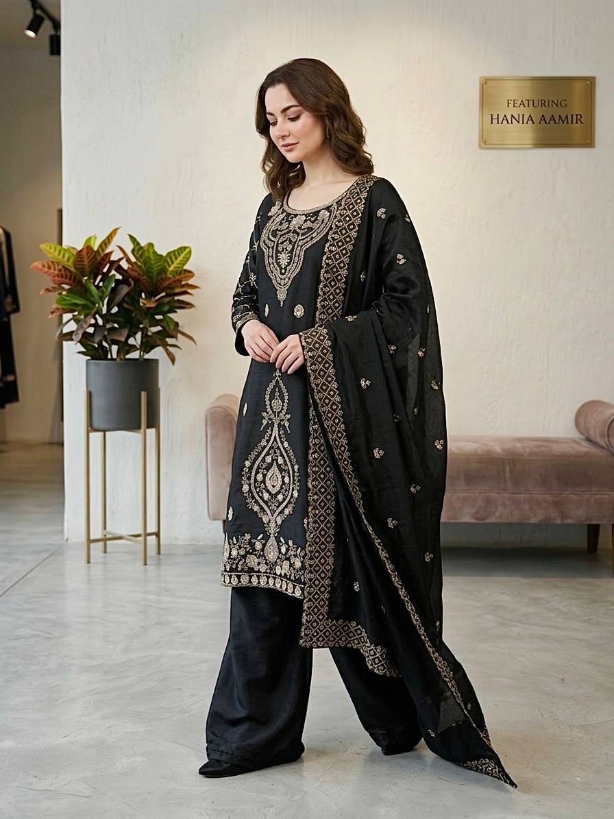 Party Wear Black Color Embroidery Beads Work Sharara Suit Set