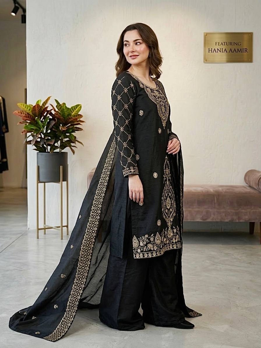 Party Wear Black Color Embroidery Beads Work Sharara Suit Set