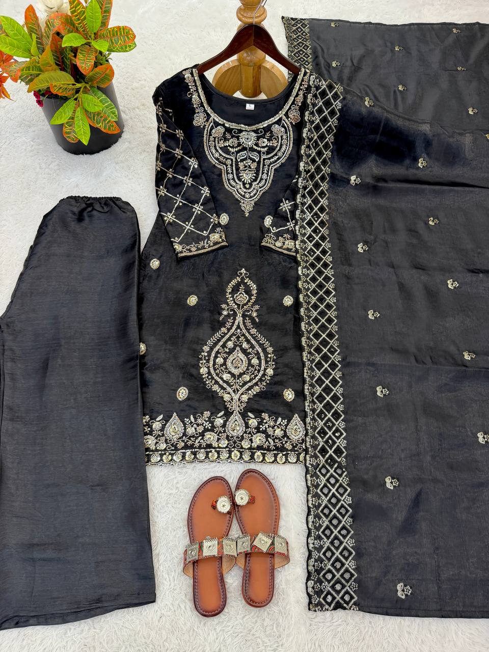 Party Wear Black Color Embroidery Beads Work Sharara Suit Set