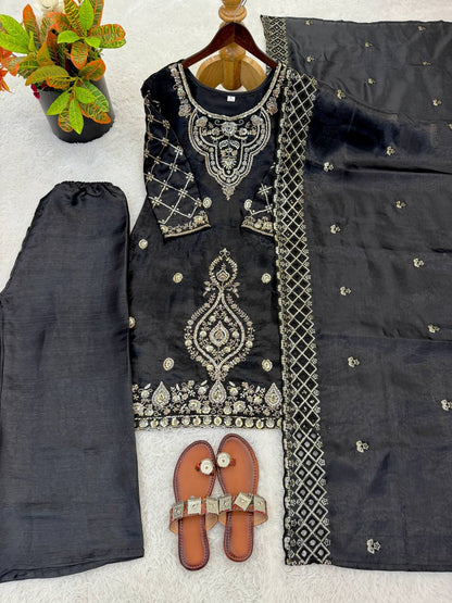 Party Wear Black Color Embroidery Beads Work Sharara Suit Set