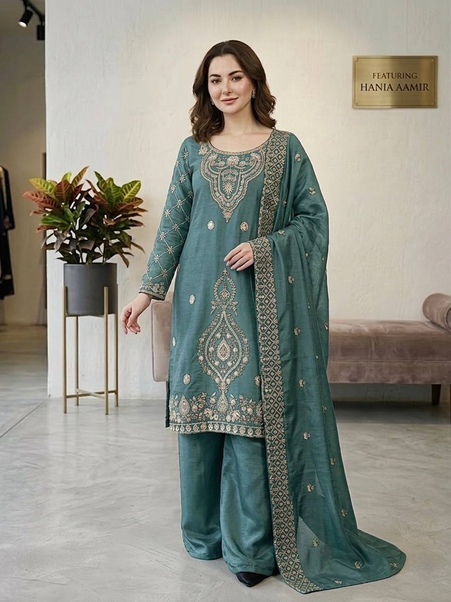 Party Wear Aqua Green Color Embroidery Beads Work Sharara Suit Set