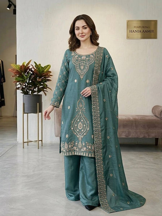 Party Wear Aqua Green Color Embroidery Beads Work Sharara Suit Set