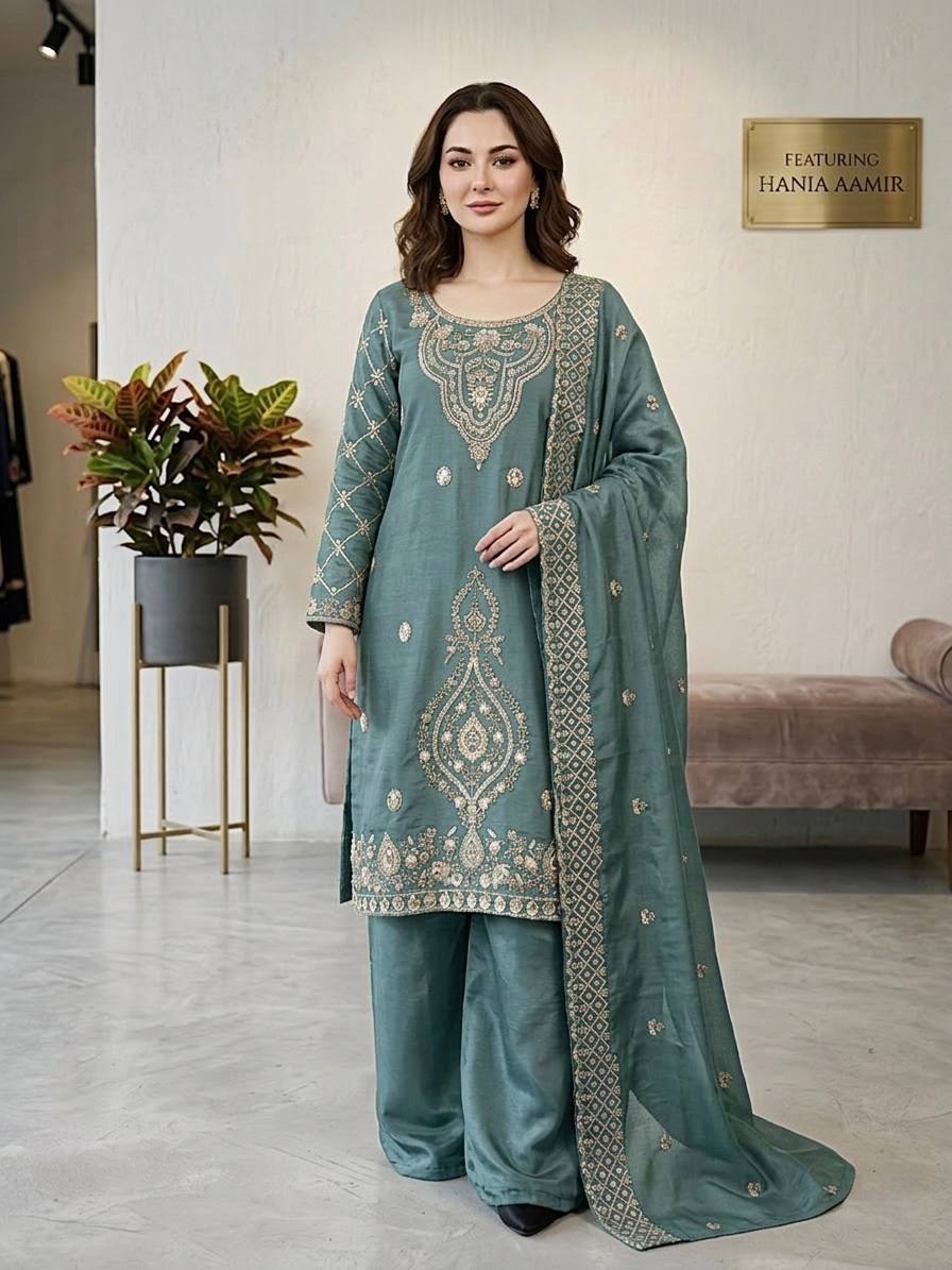 Party Wear Aqua Green Color Embroidery Beads Work Sharara Suit Set