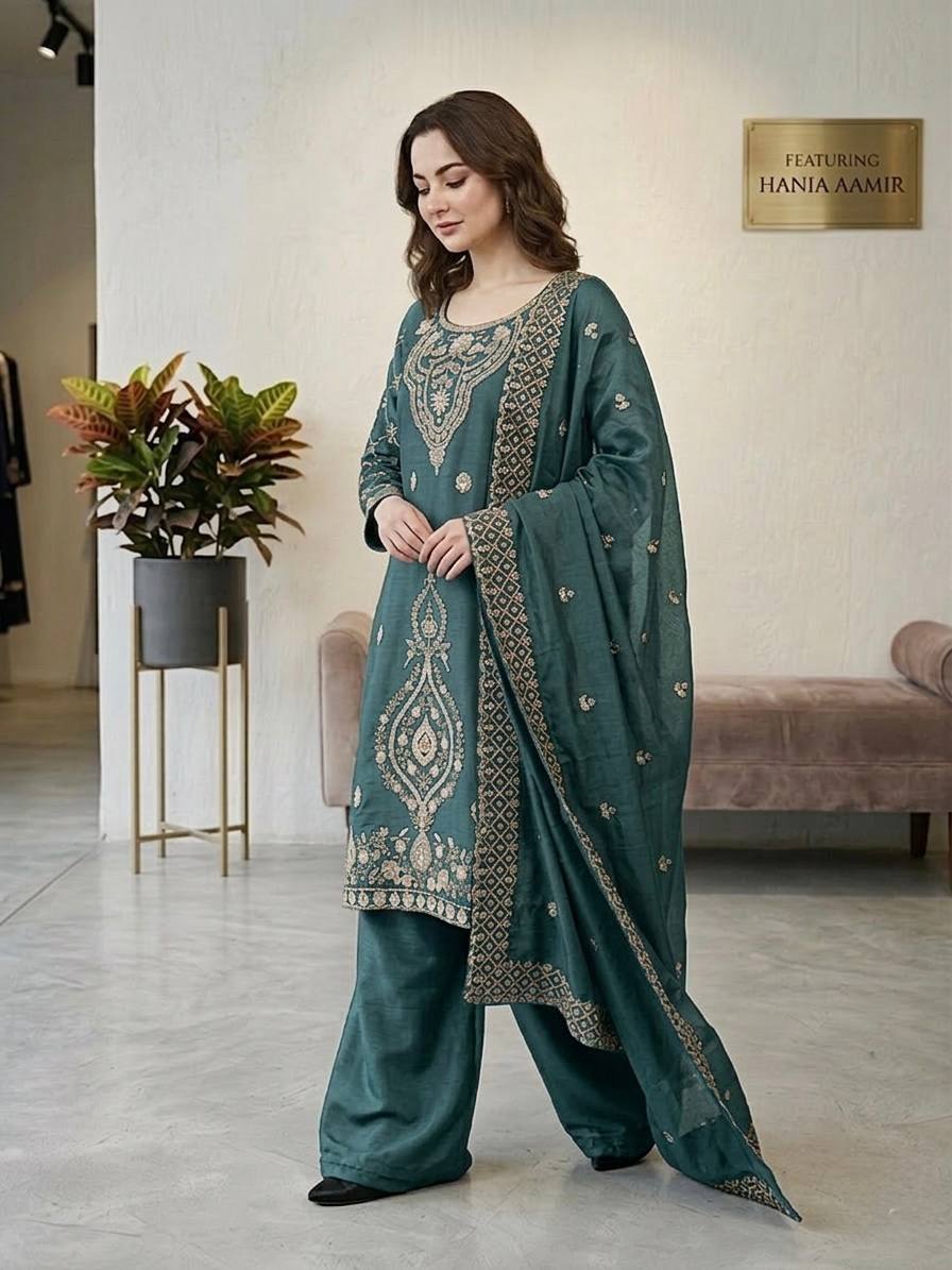Party Wear Aqua Green Color Embroidery Beads Work Sharara Suit Set