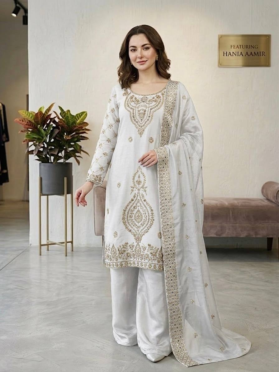 Party Wear White Color Embroidery Beads Work Sharara Suit Set
