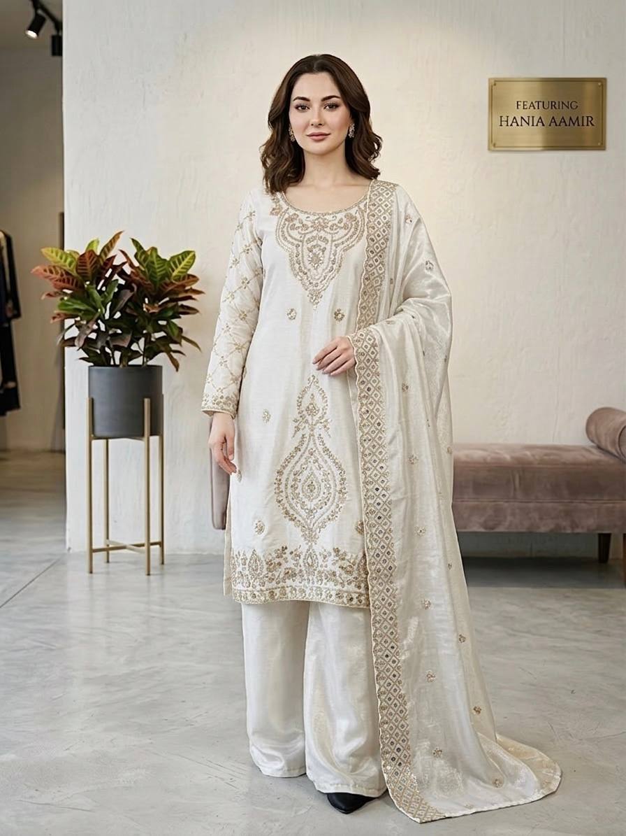 Party Wear White Color Embroidery Beads Work Sharara Suit Set