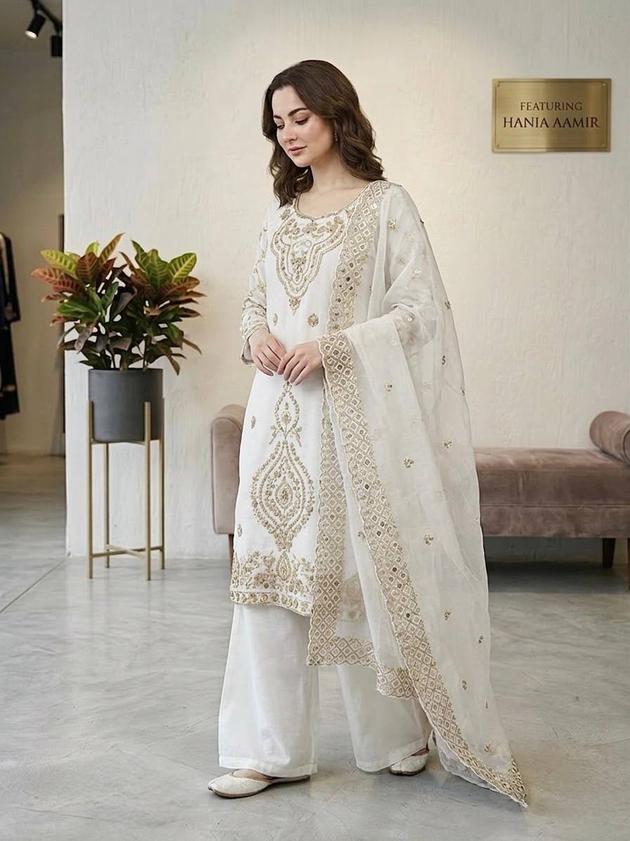 Party Wear White Color Embroidery Beads Work Sharara Suit Set
