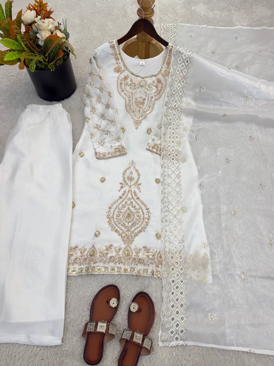 Party Wear White Color Embroidery Beads Work Sharara Suit Set