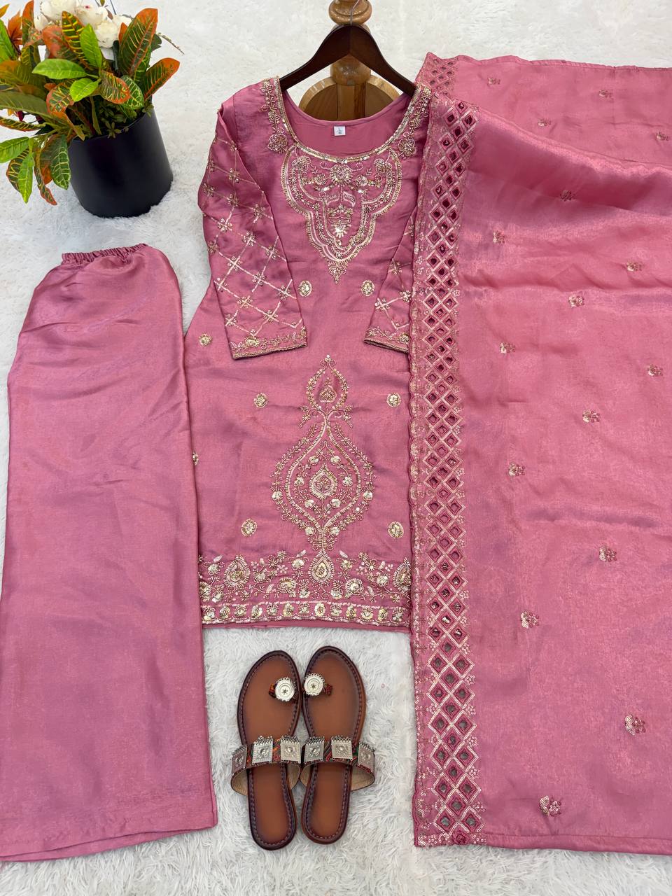 Party Wear Peach Color Embroidery Beads Work Sharara Suit Set