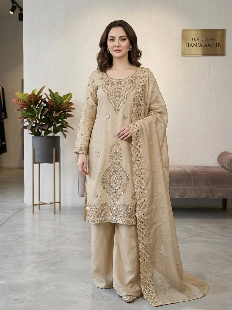 Party Wear Beige Color Embroidery Beads Work Sharara Suit Set