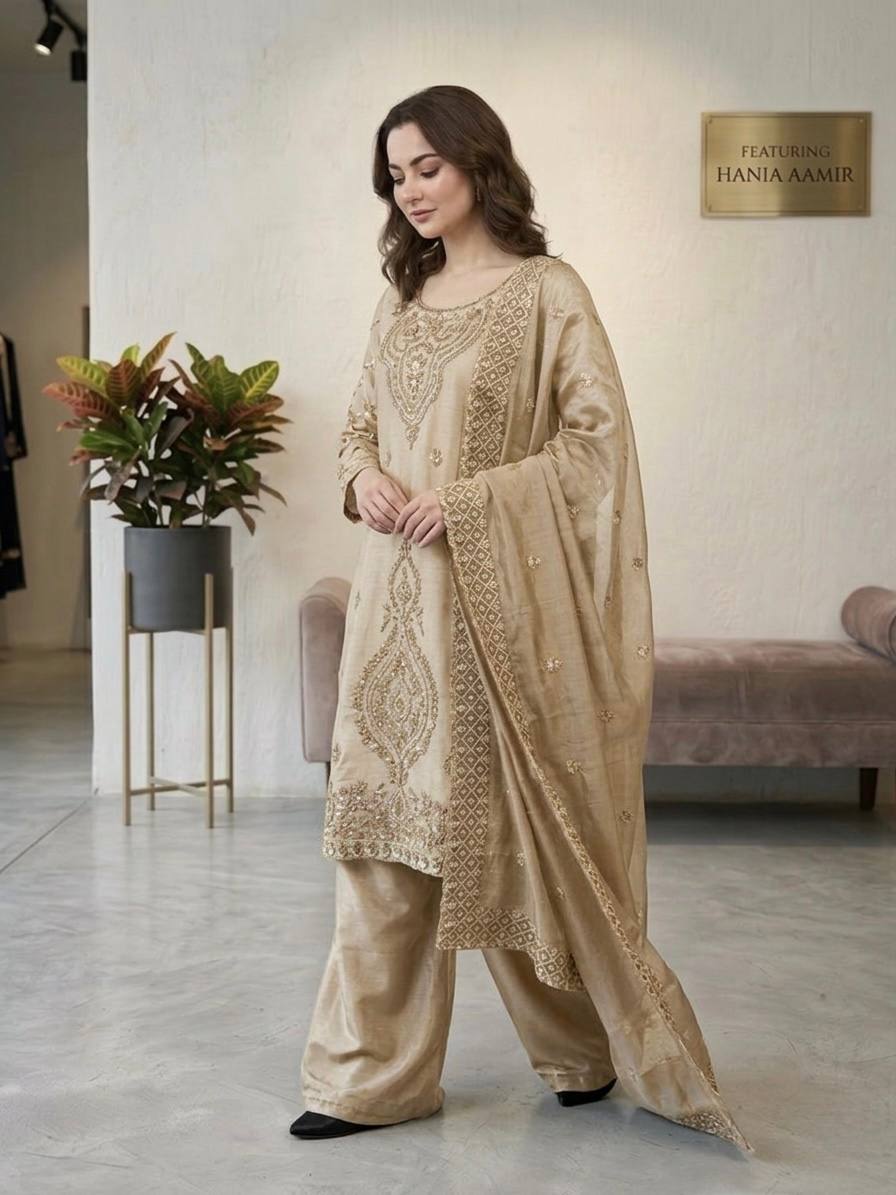 Party Wear Beige Color Embroidery Beads Work Sharara Suit Set