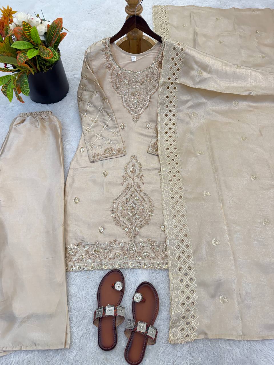 Party Wear Beige Color Embroidery Beads Work Sharara Suit Set