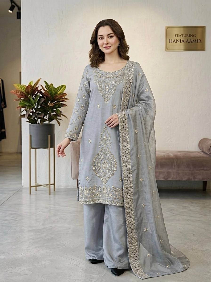 Party Wear Grey Color Embroidery Beads Work Sharara Suit Set