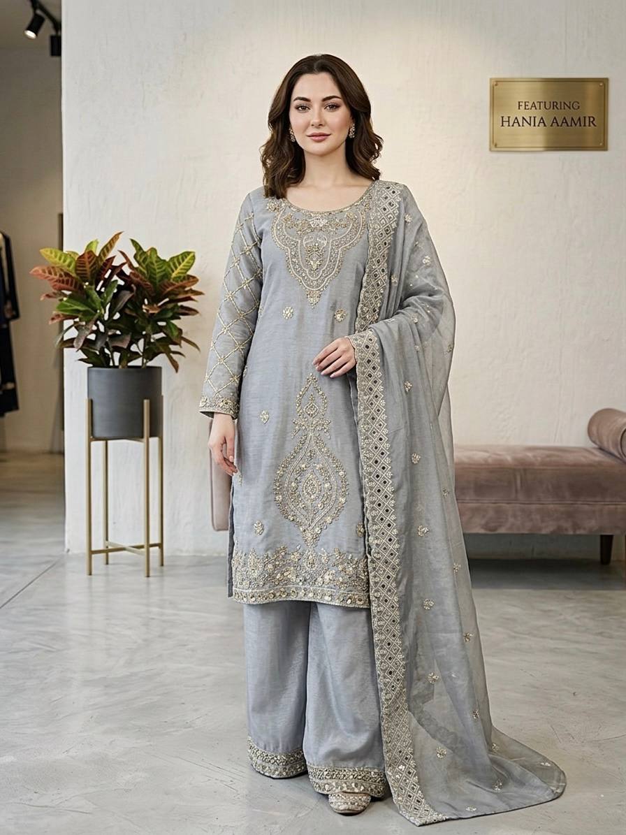 Party Wear Grey Color Embroidery Beads Work Sharara Suit Set