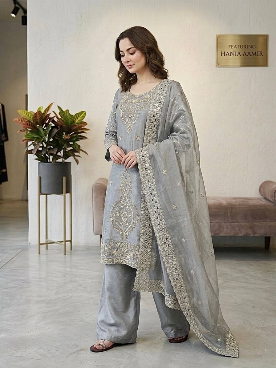 Party Wear Grey Color Embroidery Beads Work Sharara Suit Set