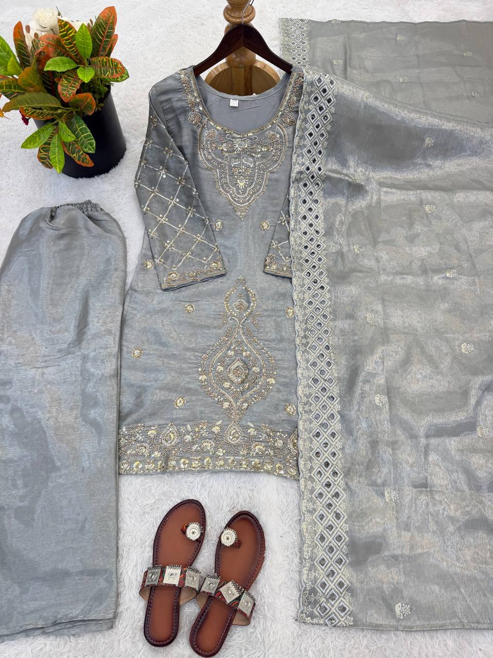 Party Wear Grey Color Embroidery Beads Work Sharara Suit Set