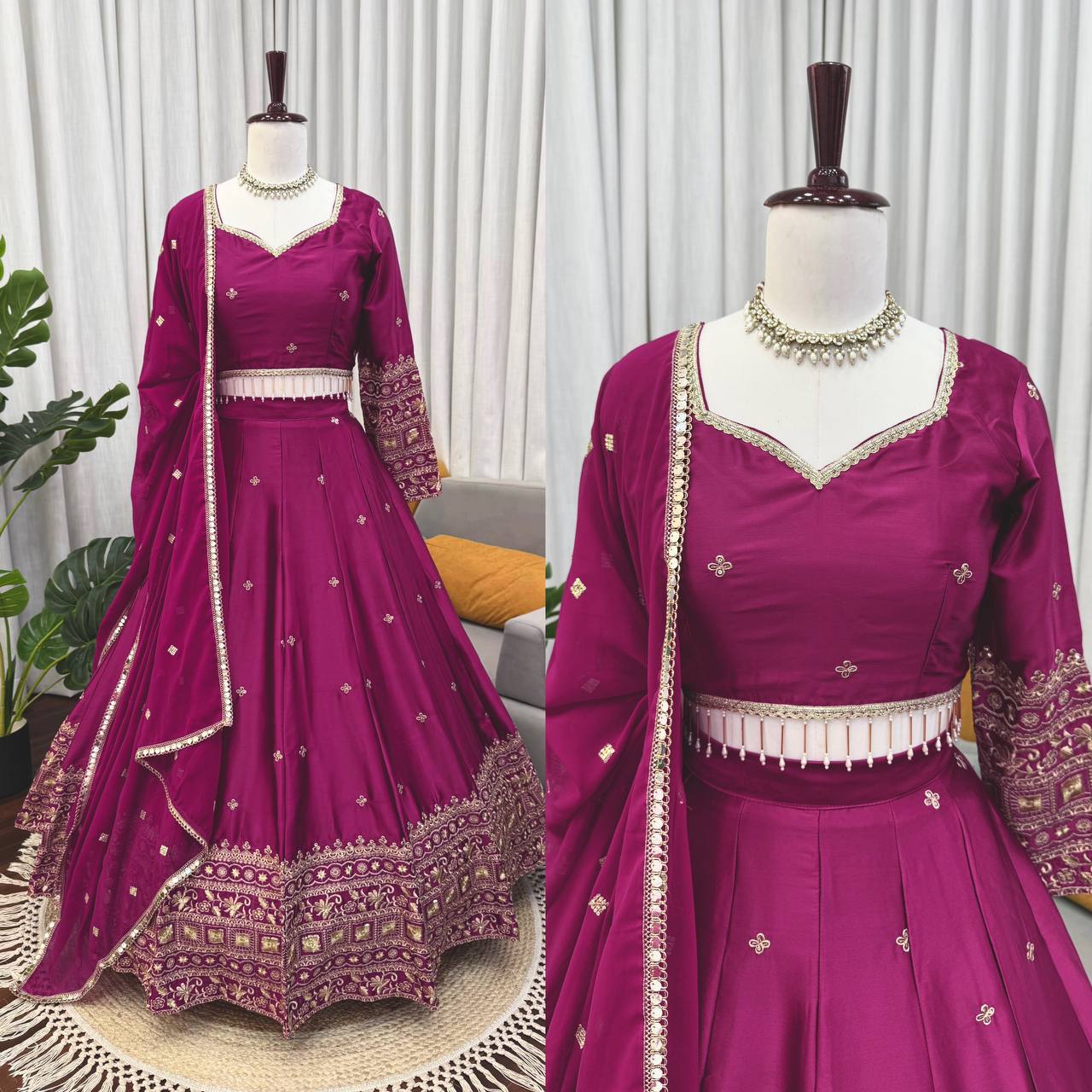 Wedding Wear Wine Color Japan Satin Thread Work Lehenga Set