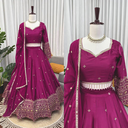 Wedding Wear Wine Color Japan Satin Thread Work Lehenga Set