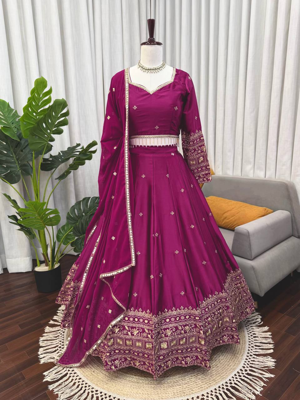 Wedding Wear Wine Color Japan Satin Thread Work Lehenga Set