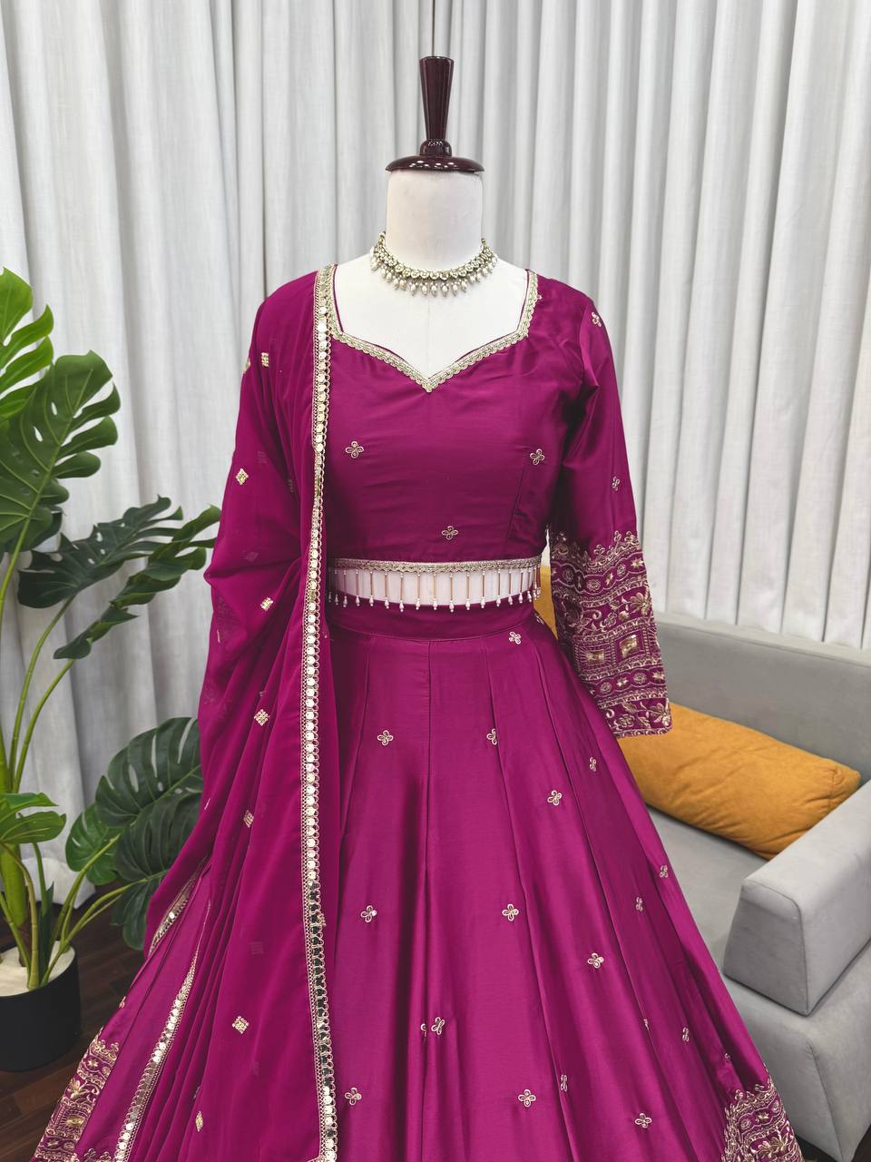 Wedding Wear Wine Color Japan Satin Thread Work Lehenga Set