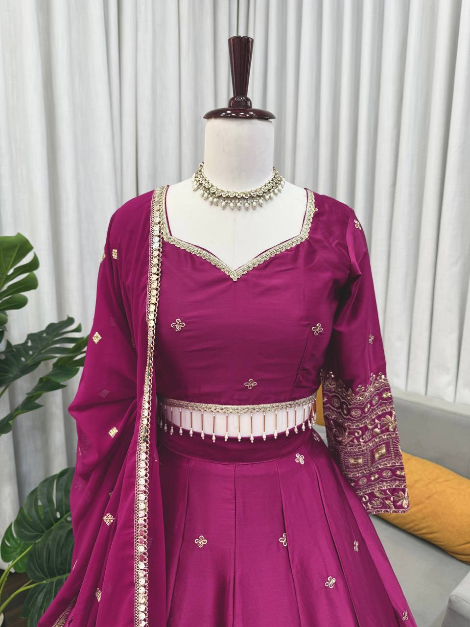 Wedding Wear Wine Color Japan Satin Thread Work Lehenga Set