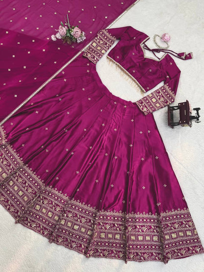 Wedding Wear Wine Color Japan Satin Thread Work Lehenga Set