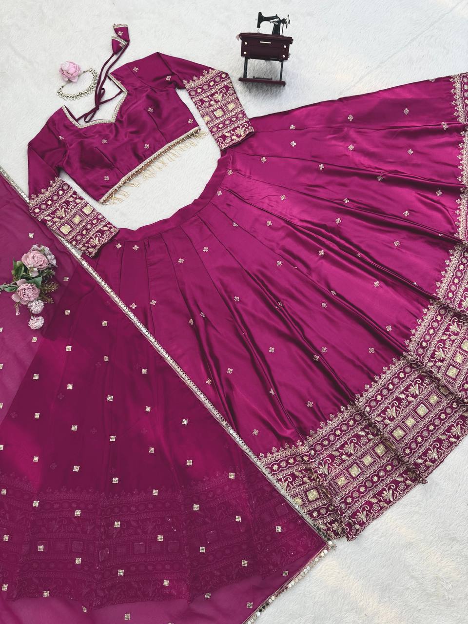 Wedding Wear Wine Color Japan Satin Thread Work Lehenga Set