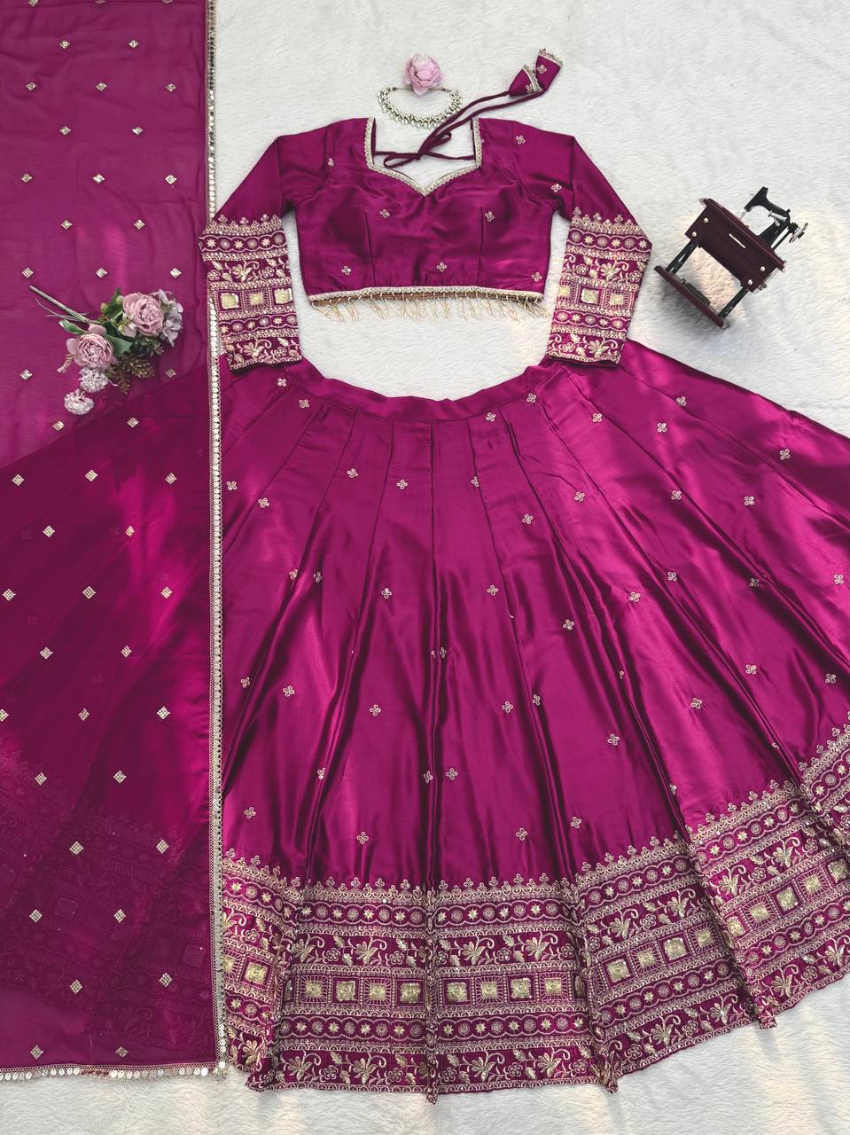 Wedding Wear Wine Color Japan Satin Thread Work Lehenga Set