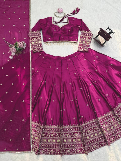 Wedding Wear Wine Color Japan Satin Thread Work Lehenga Set
