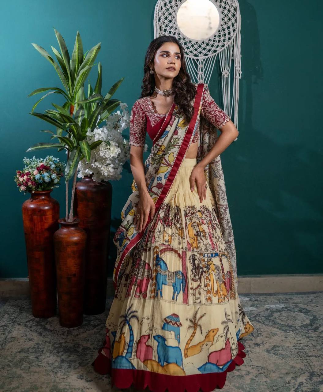 Stunning Cream Color Chinon With Embroidery Sequence Work Kalamakari Printed Lehenga Choli