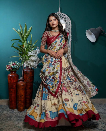 Stunning Cream Color Chinon With Embroidery Sequence Work Kalamakari Printed Lehenga Choli