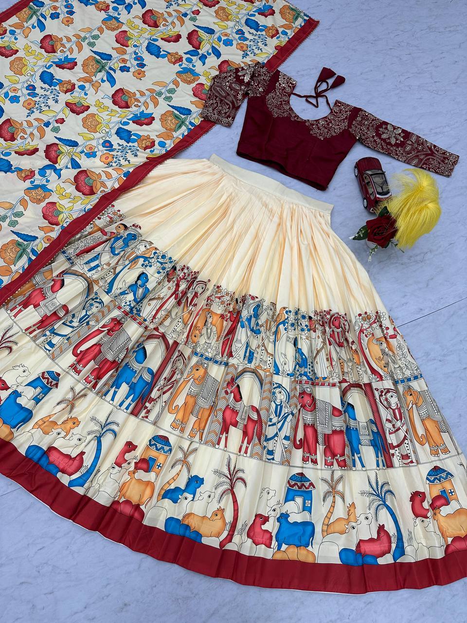 Stunning Cream Color Chinon With Embroidery Sequence Work Kalamakari Printed Lehenga Choli