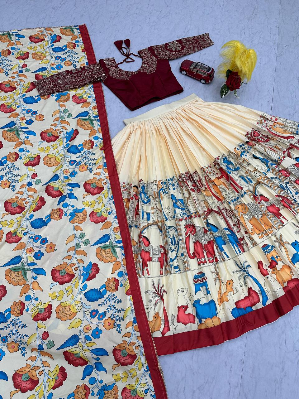Stunning Cream Color Chinon With Embroidery Sequence Work Kalamakari Printed Lehenga Choli
