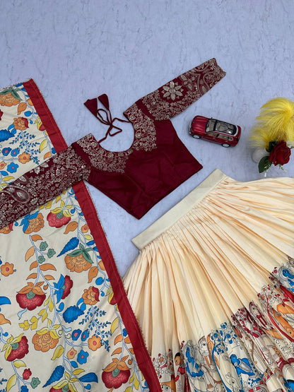 Stunning Cream Color Chinon With Embroidery Sequence Work Kalamakari Printed Lehenga Choli