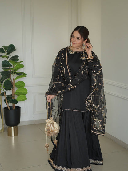 Wedding Wear Black Color Embroidery Work Designer Top With Sharara Set