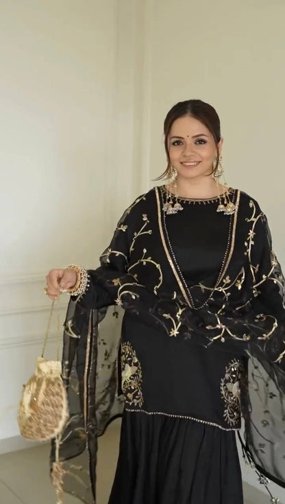 Wedding Wear Black Color Embroidery Work Designer Top With Sharara Set