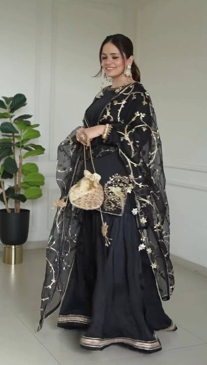Wedding Wear Black Color Embroidery Work Designer Top With Sharara Set