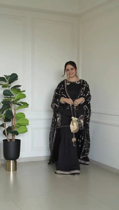 Wedding Wear Black Color Embroidery Work Designer Top With Sharara Set