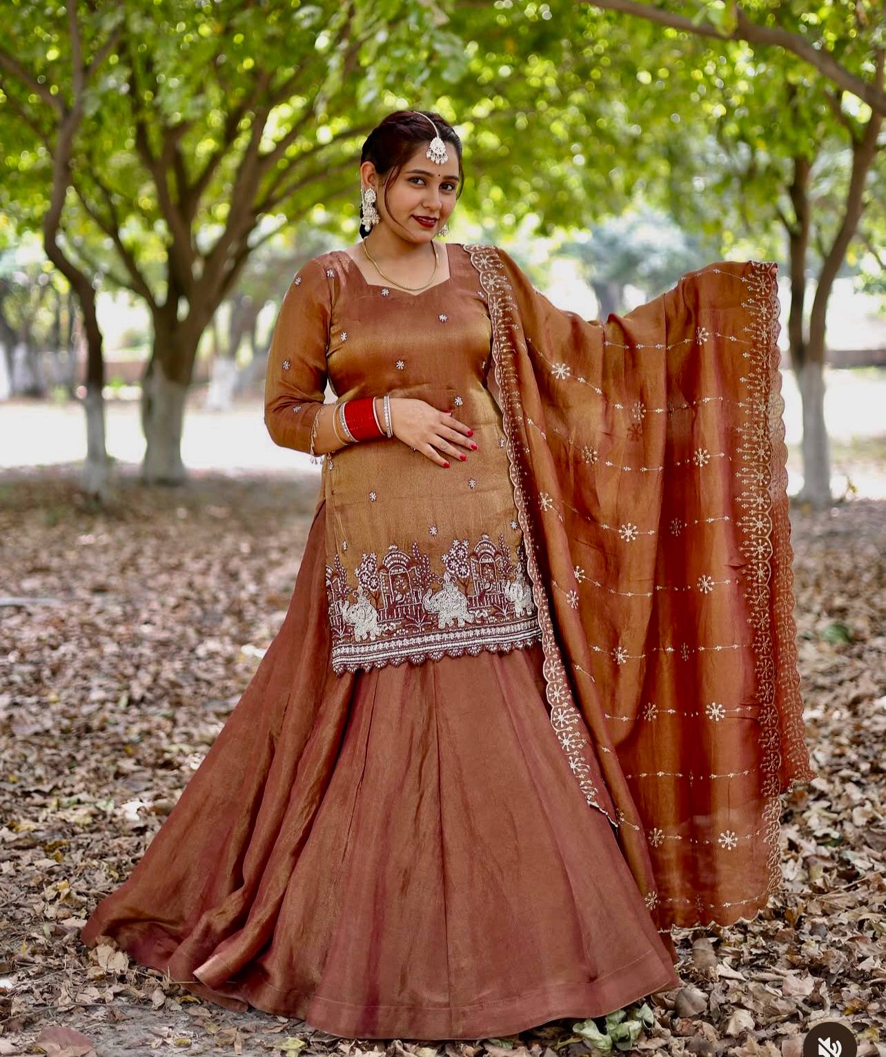 Orange Color Sequnce Embroidered Top With Lehenga