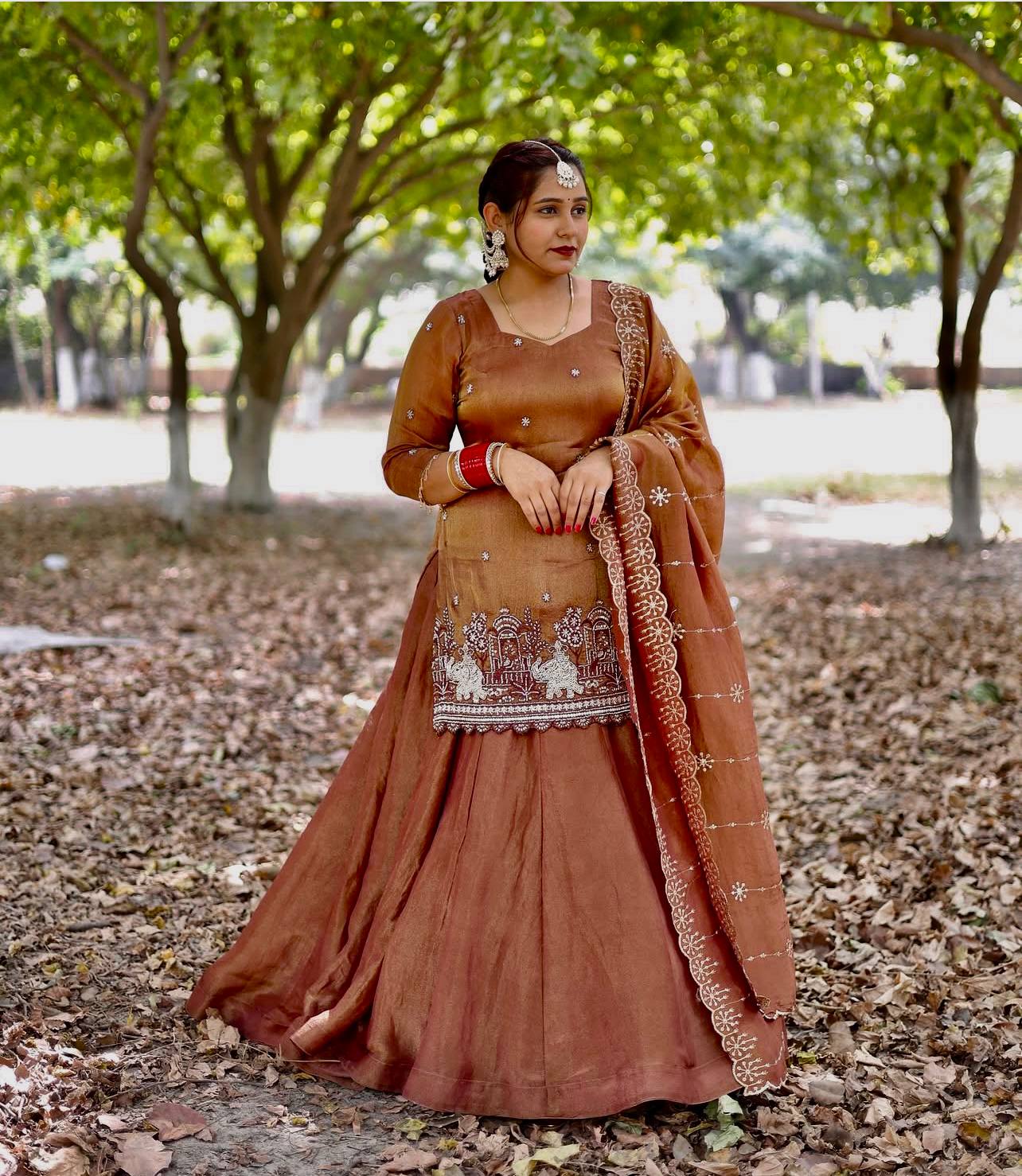 Orange Color Sequnce Embroidered Top With Lehenga