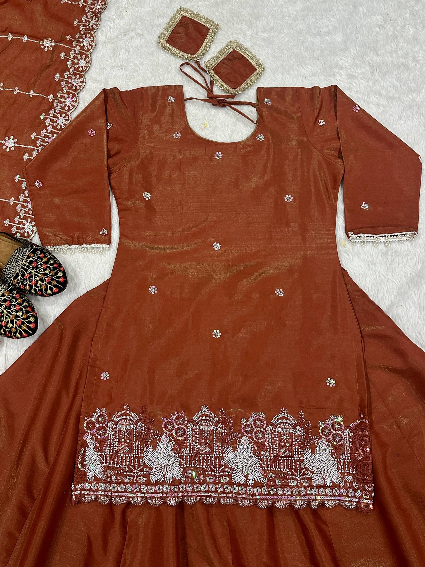 Orange Color Sequnce Embroidered Top With Lehenga