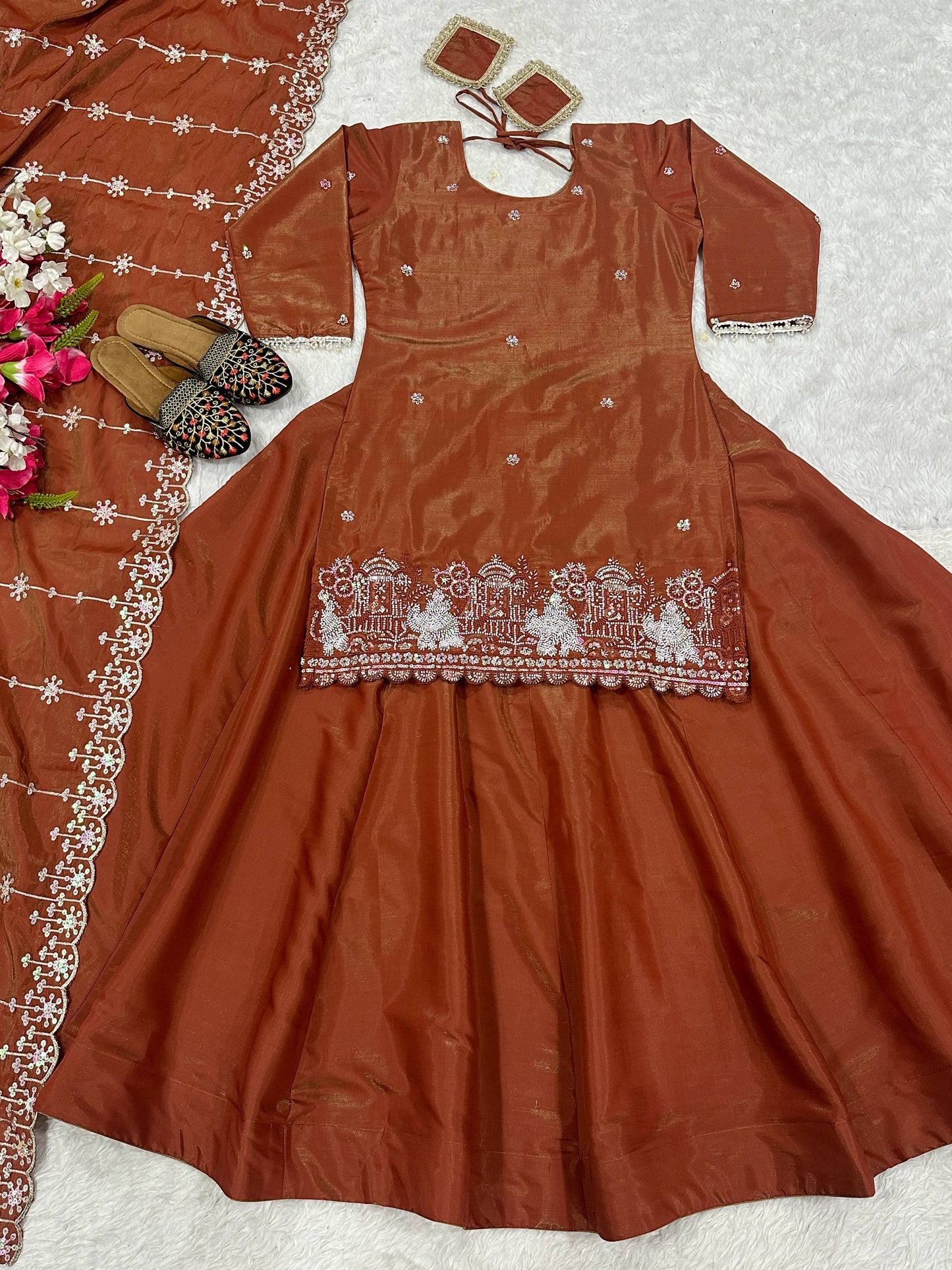 Orange Color Sequnce Embroidered Top With Lehenga