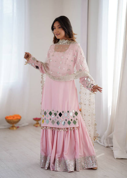 Arti Chauhan Wear Peach Color French Crepe Mirror Work Sharara Suit