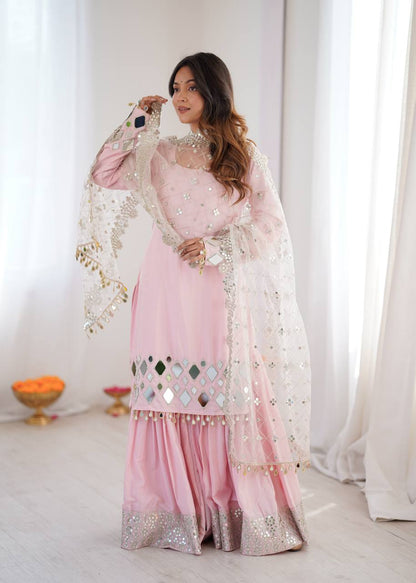 Arti Chauhan Wear Peach Color French Crepe Mirror Work Sharara Suit