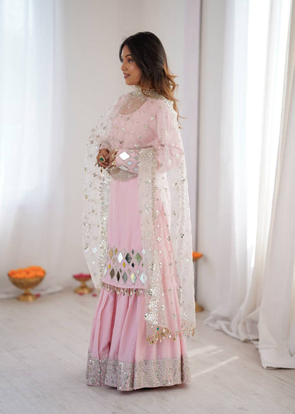 Arti Chauhan Wear Peach Color French Crepe Mirror Work Sharara Suit