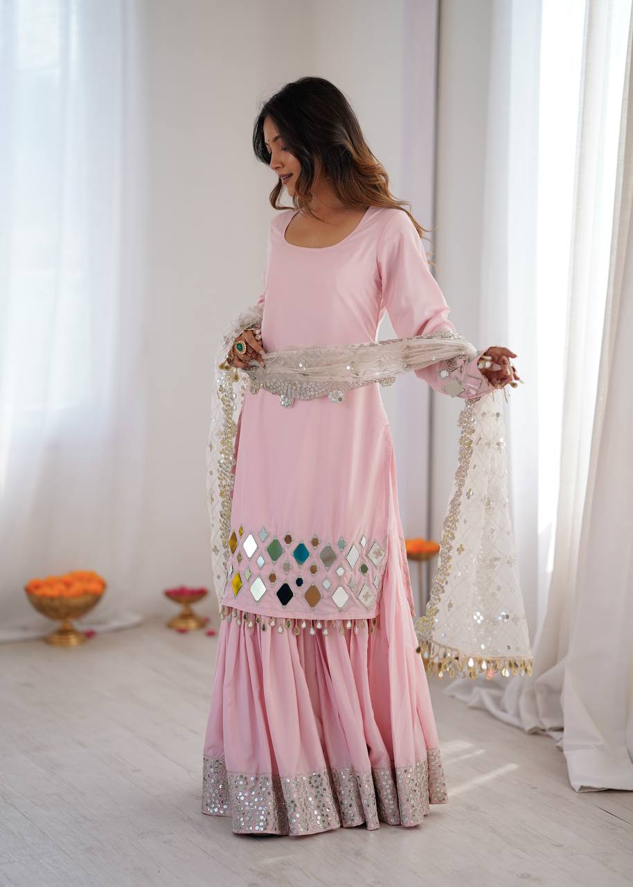 Arti Chauhan Wear Peach Color French Crepe Mirror Work Sharara Suit