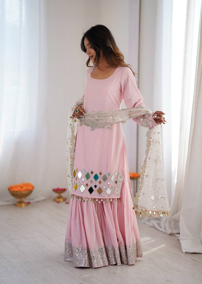 Arti Chauhan Wear Peach Color French Crepe Mirror Work Sharara Suit