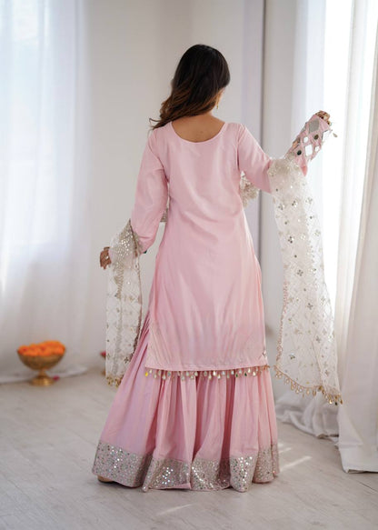 Arti Chauhan Wear Peach Color French Crepe Mirror Work Sharara Suit