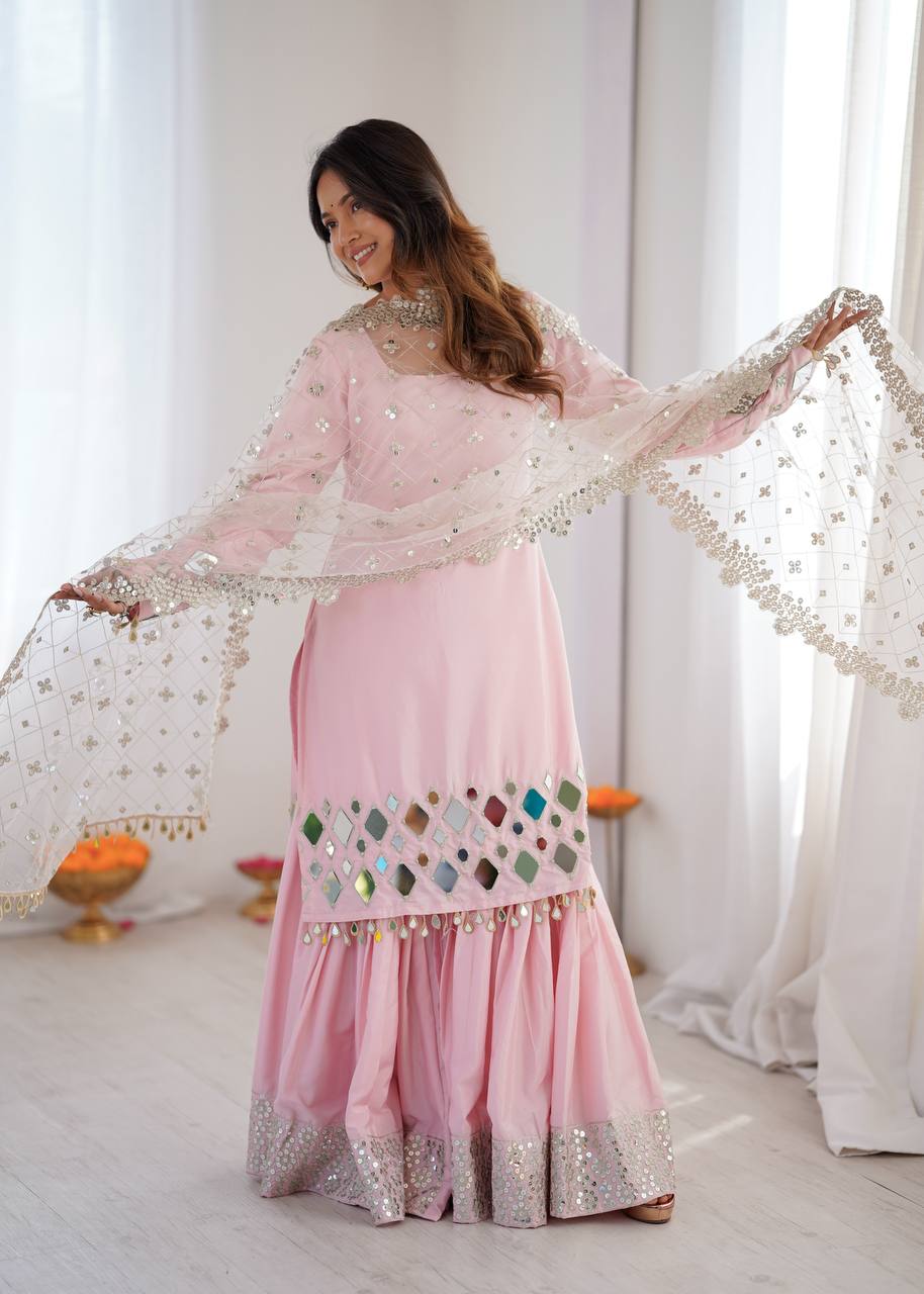 Arti Chauhan Wear Peach Color French Crepe Mirror Work Sharara Suit