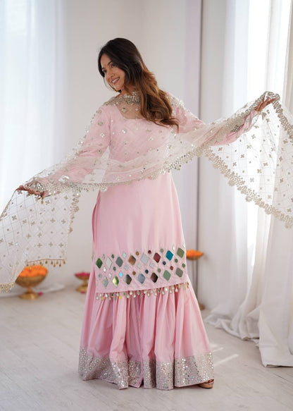 Arti Chauhan Wear Peach Color French Crepe Mirror Work Sharara Suit